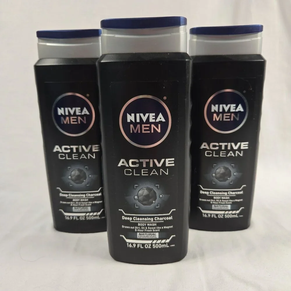 Lot of 3 Nivea Men Active Clean Body Wash Deep‎ Cleansing Charcoal 16.9 Fl Oz